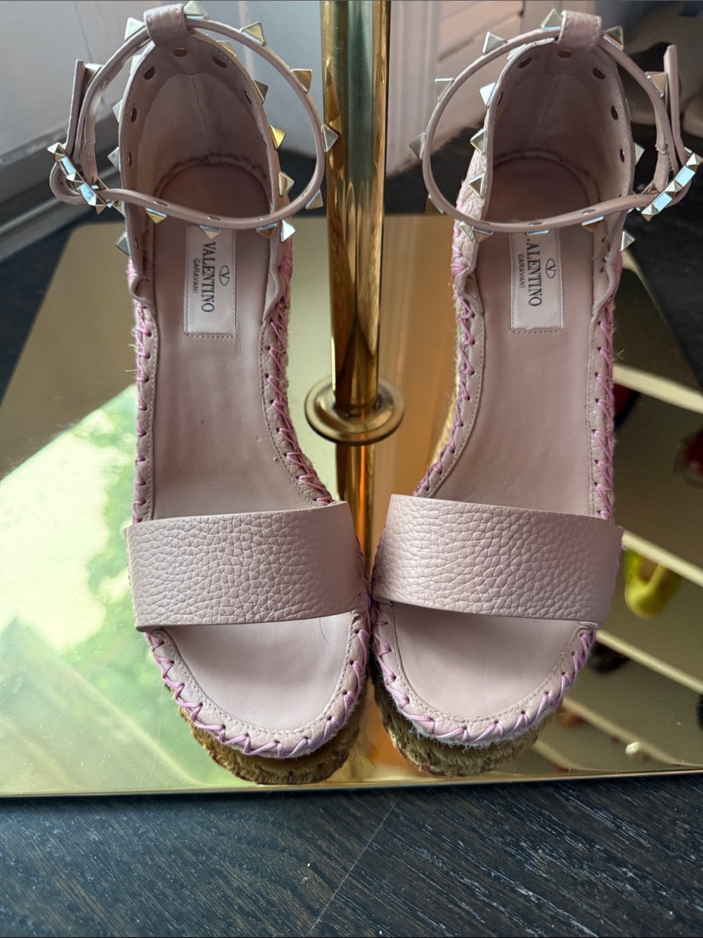 Valentino Pink Leather Studded Ankle-Strap Espadrille Wedges